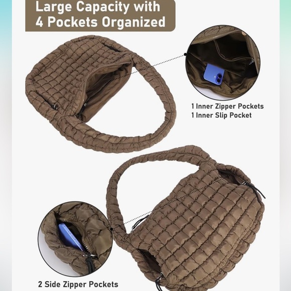 HUGOOME Large Chocolate Brown Quilted Puffer Tote with Mini Pouch NWT - Picture 2 of 11